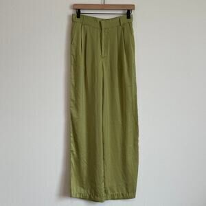 Emory Park Green Satin Trouser Pants High Waisted Wide Leg Small Pleated Pockets